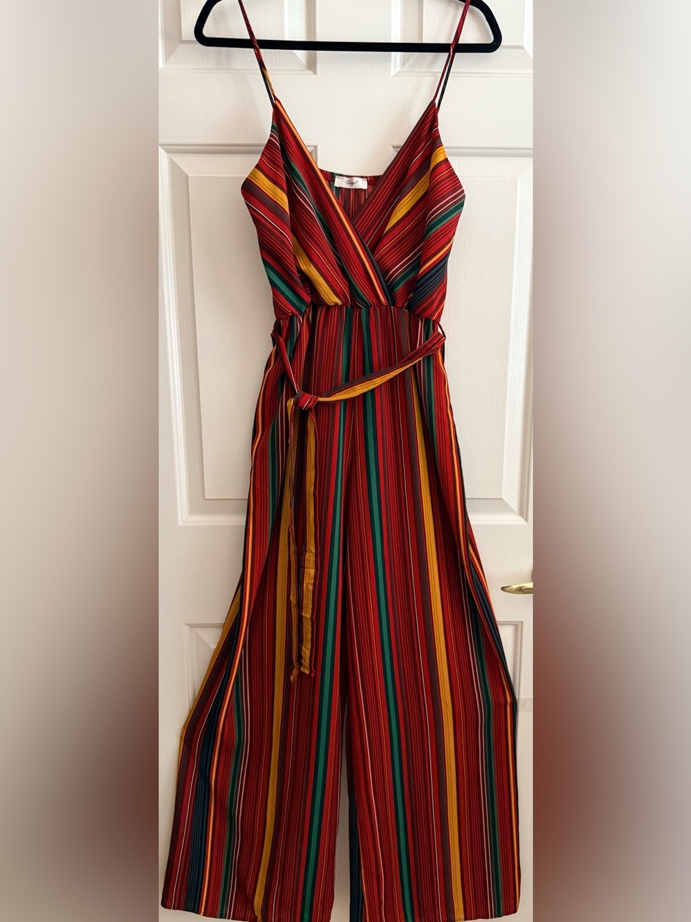 Sleeveless Striped Jumpsuit Elastic Waist Red, Green & Mustard Yellow